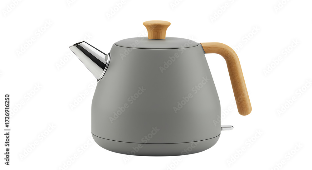 Obraz premium Modern gray electric kettle with wooden handle isolated on transparent background