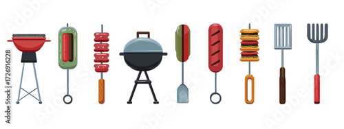 Collection of barbecue tools and food items