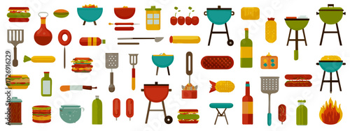 Colorful barbecue collection with food and utensils