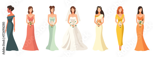 Brides and bridesmaids in colorful dresses