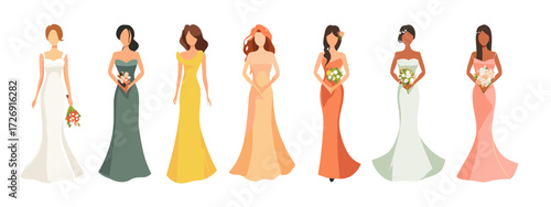 Illustration of brides in various wedding dresses