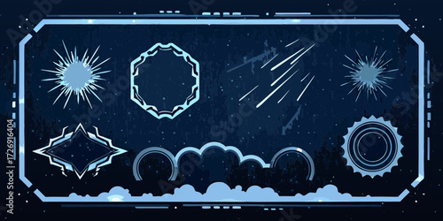 Cosmic abstract shapes and starry night sky with shooting stars and celestial elements
