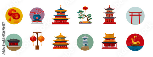 Traditional Asian architecture and cultural icons collection