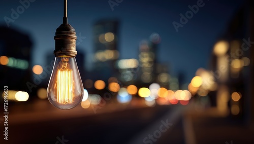 Vintage Edison bulb lights up city at night