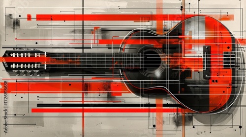 Abstract composition featuring an acoustic guitar intertwined with dynamic geometric elements in vibrant red and gray tones