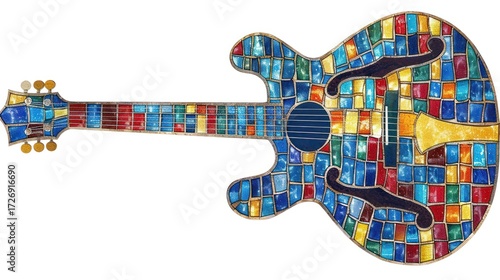 Colorful Mosaic Guitar Design with Vibrant Tiles in Blue, Red, Yellow, and Green for Artistic Musical Themes