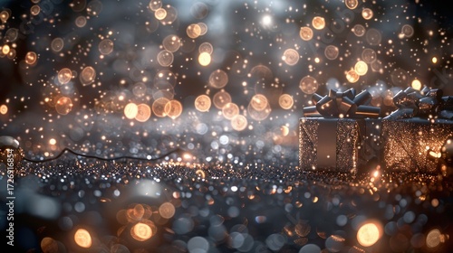 Cozy Holiday Scene with Glittering Gifts and Soft Glow of Bokeh Lights in a Wintery Atmosphere