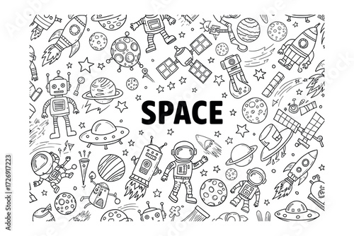 Exploring space adventures with robots and rockets outer space whimsical overview imagination. Vector illustration