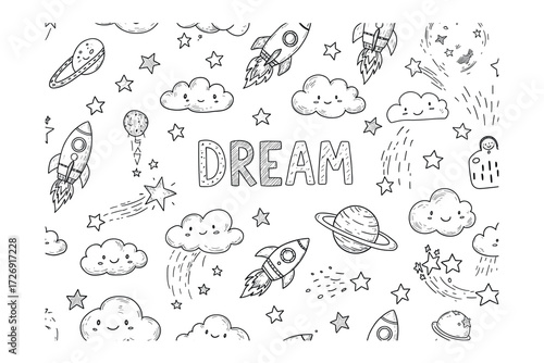 Dreamy rocket adventures cosmic playground whimsical aerial view imagination unleashed. Vector illustration