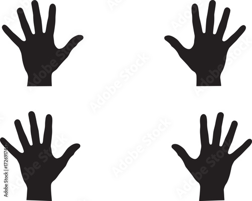 Black hand silhouettes, upright palm icons, finger spread vector, editable gesture illustration, human anatomy symbol, symmetrical hand design, minimal body part graphic