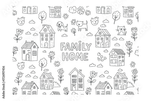 Colorful family home cozy neighborhood decorative whimsical environment playful concept. Vector illustration