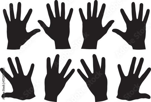 Black hand silhouettes, eight upright palms, finger spread icons, human gesture vector, editable anatomy illustration, minimal body part design, symmetrical layout template