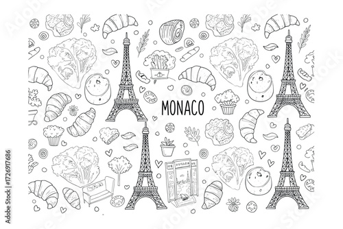 Culinary delights and iconic landmarks monaco creative aerial view french culture. Vector illustration