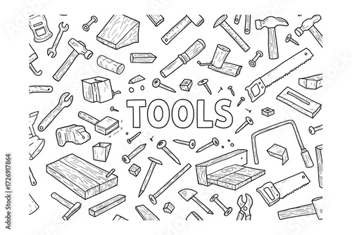 Essential tools and equipment for diy projects workshop graphic design home environment overhead view craftsmanship. Vector illustration