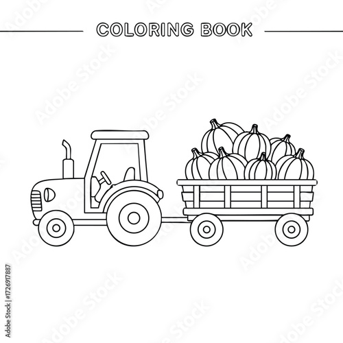 A tractor towing a cart filled with pumpkins, designed for a coloring activity with outlined details.