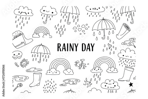 Rainy day activities for kids indoor fun creative doodles playful environment whimsical viewpoint. Vector illustration