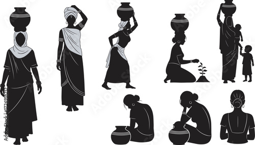 Rural women silhouettes, traditional lifestyle vector, cultural activity icons, pot carrying, planting, sitting poses, editable illustration, mother and child graphic template