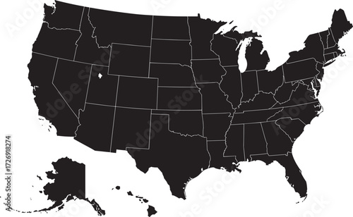 United States silhouette map, black USA outline, state borders vector, blank American geography template, political map illustration, editable country shape