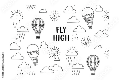 Hot air balloon adventure outdoor sky playful environment whimsical perspective soaring dreams. Vector illustration