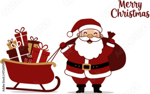 Santa Claus carrying sleigh with present boxes. Ho-Ho-Ho. Merry Christmas, Happy new Year, Winter holidays concept. Vintage vector illustration for greeting card, banner 