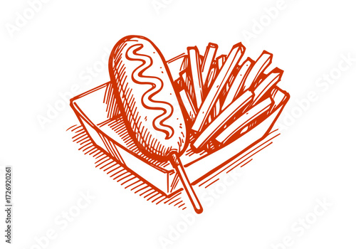Corn dog hand drawn sketch vector illustration
