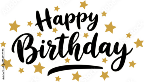 Happy Birthday sign. Hand drawn modern brush lettering with golden stars. For holiday design, postcard, party invitation, banner, poster, T-shirt print design. Isolated vector illustration