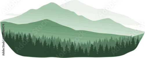 A misty, green mountain range with a forest of pine trees in the foreground.
