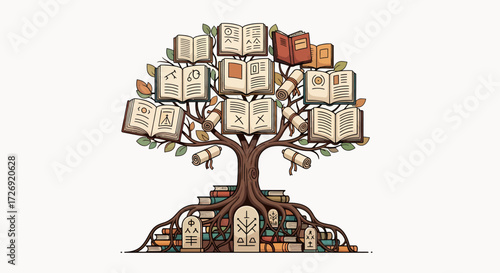 A Unique Illustration of a Knowledge Tree with Books on Branches and Roots, Symbolizing Wisdom and Education