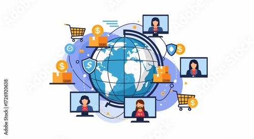 Global online shopping and e-commerce network connecting businesses and customers worldwide with secure transactions and delivery services