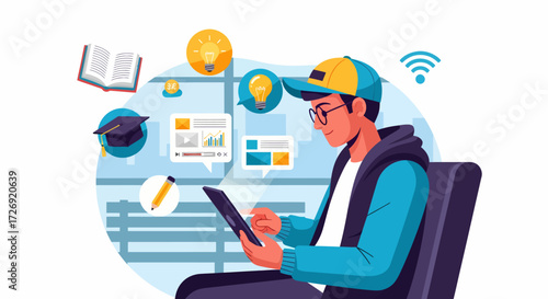 Dedicated student passionately engaged in comprehensive online learning, leveraging a tablet within a rich digital environment filled with knowledge acquisition symbols