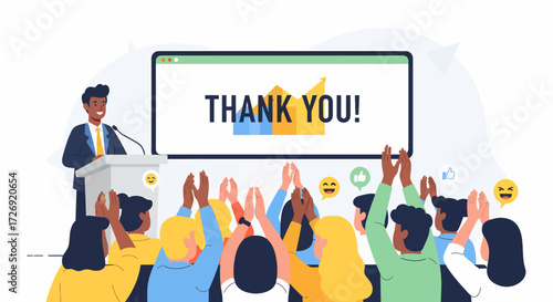 An enthusiastic speaker expresses gratitude to an appreciative audience at a successful presentation, symbolizing positive feedback and mutual recognition in a corporate setting