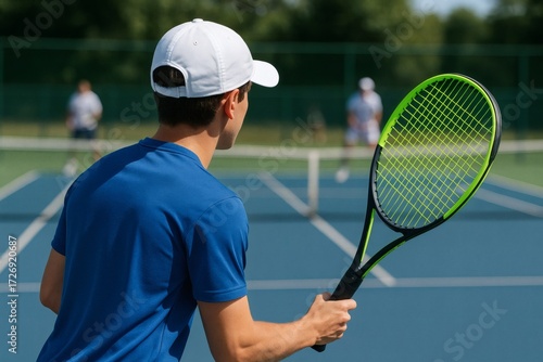 青いスポーツウェアの若いテニス選手がダブルス試合中に構える後ろ姿/Back View of Young Tennis Player in Blue Sportswear During Doubles Match