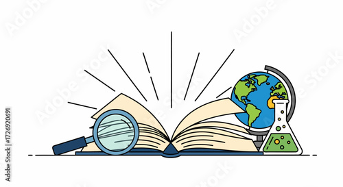 Comprehensive educational research concept featuring an open book, magnifying glass, global map, and science flask, symbolizing knowledge acquisition and scientific exploration