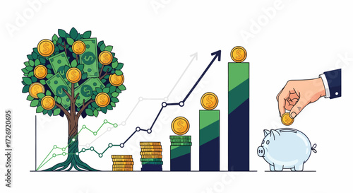 Money tree with growing financial chart and piggy bank, symbolizing investment and savings growth