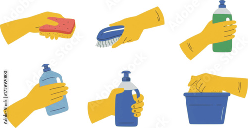 Collection of hands wearing protective rubber gloves and holding cleaning supplies. Sponge, eco detergent bottle, brush. Home cleanup housekeeping cleaners. Spring cleaning. Flat vector illustration