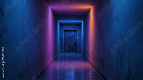 Neon-lit, concrete hallway with a dark door