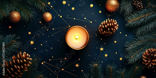 Rustic solstice pinecones candles winter festive night