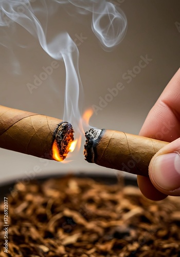 Lighting One Cigar from Another with Flame and Smoke in Hands – Close-Up, Luxury Lifestyle, Burning Ash, Smoking Habit on Dark Background