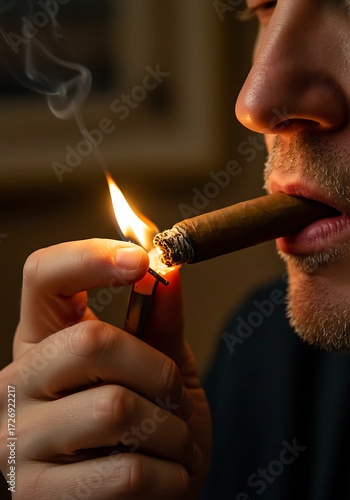 Man Lighting Cigar from Lighter with Flame and Smoke Close-Up – Luxury Lifestyle, Tobacco Addiction, Relaxation Habit,