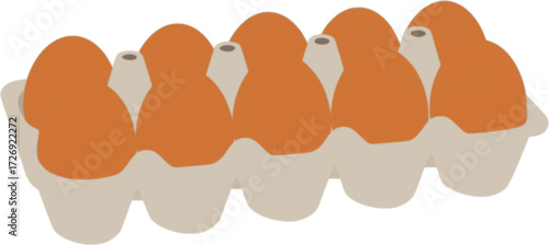 Ten fresh chicken eggs raw in a carton box on white background. Healthy eating or farm fresh concept, protein. Bright and clean design, minimal vector illustration