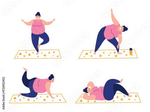 Set of Inclusive, Active fat people. Woman exercising at the gym, yoga, outdoors, and at home. Meditates, Pilates, Stretching. Healthy lifestyle. Physical practice. Vector flat illustration.
