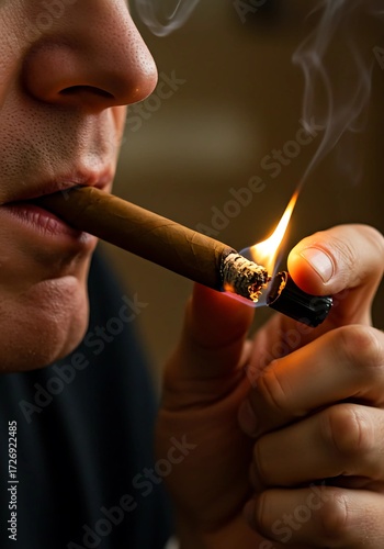 Man Lighting Cigar from Lighter with Flame and Smoke Close-Up – Luxury Lifestyle, Tobacco Addiction, Relaxation Habit,
