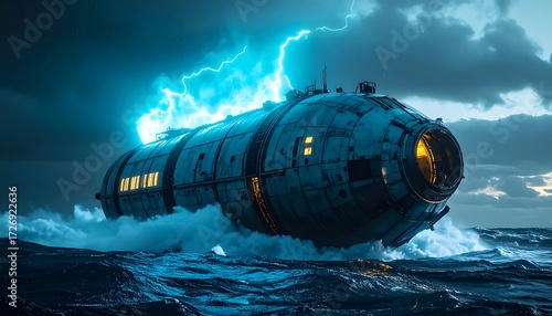 Wallpaper Mural Futuristic Vessel Navigating Stormy Waters with Lightning Torontodigital.ca