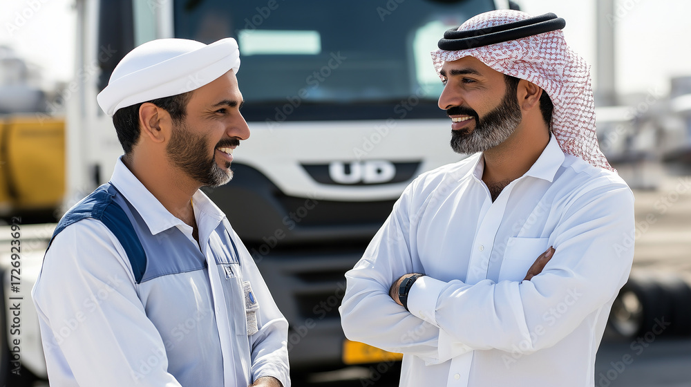 Obraz premium Businessmen having a conversation outdoors with smiles in a professional middle-eastern setting