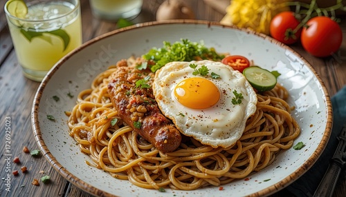 A plate of cooked spaghetti topped with a fried egg, sausage, and vegetables, presented on a light gray speckled plate.
