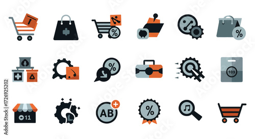 Ecommerce symbols representing online shopping transactions and discounts with a modern, minimalist aesthetic for a clean and professional look.