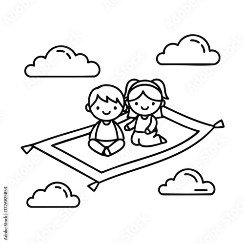 Two children enjoying a magical adventure on a flying carpet surrounded by fluffy clouds in a whimsical sky.