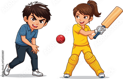Cricket, cartoon, children, illustration, batsman, bowler, sports, action, gear, gloves, bat, ball, stumps, teamwork, fun, boy, girl, yellow, blue, dynamic