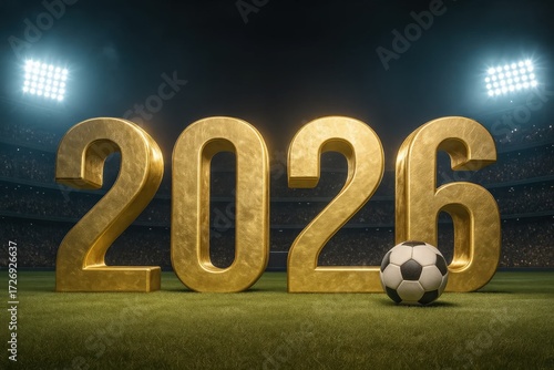 2026 Football Championship with Golden Numbers and Soccer Ball in Stadium