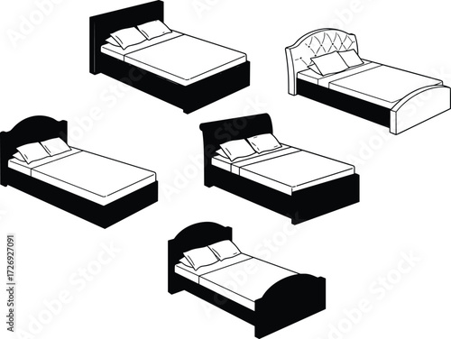 Isometric bed frame set, modern bedroom furniture, headboard and footboard styles, black and white illustration, interior design elements